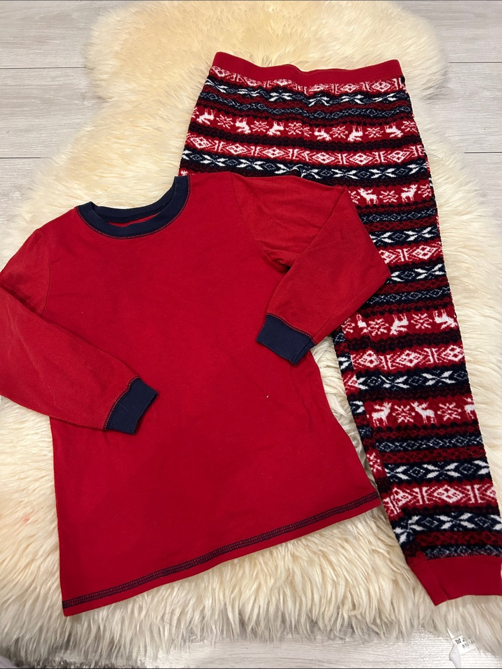 Kids Red Long-Sleeve Pajama Set with Festive Patterned Pants